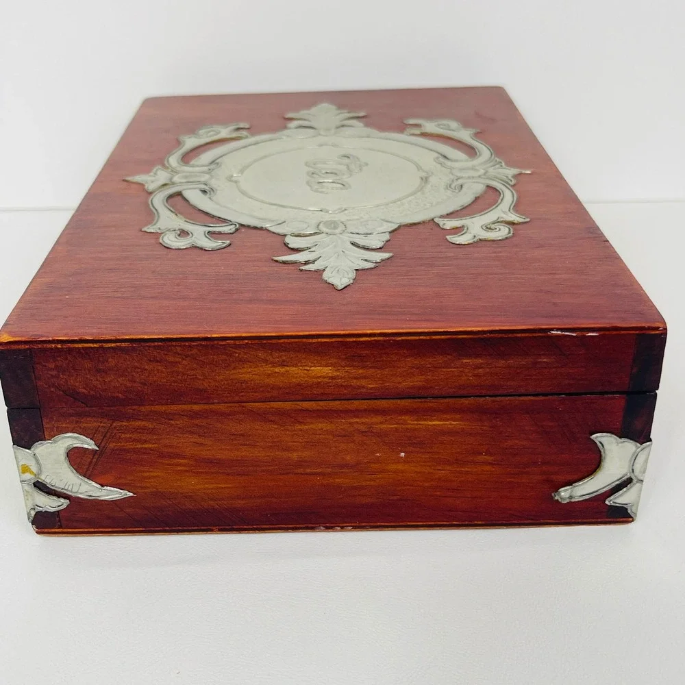 Vintage Wood Tea Storage Box Chest Brown Silver Embossed Metal Overlay Divided